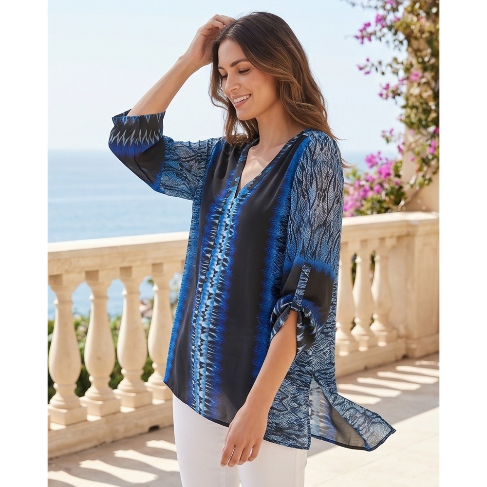 NY Collection 1X Woman Blue Black Snakeskin Print V-Neck Tunic‎ Blouse Flowy